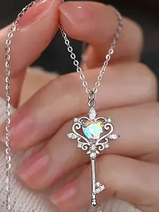 1Pc Key Necklace with Heart Opal - Perfect for Daily Wear and Gifting - April Birthstone - Synthetic Zircon - Valentine's Day Gift Charm Necklace Gemstone Necklace