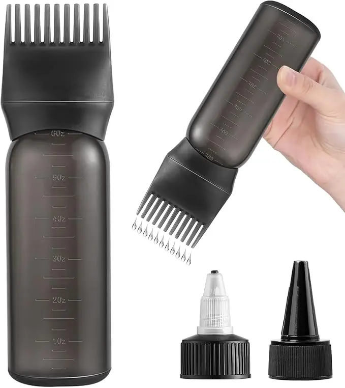 Root Comb Applicator Bottle for Hair Oil & Hair Dye, 6 oz Hair Oiling Applicator Bottle with Comb, Hair Color Applicator Bottle with 2 Interchangeable Caps, Graduated Scale for Scalp Oil, Hair Coloring & Treatments, Black