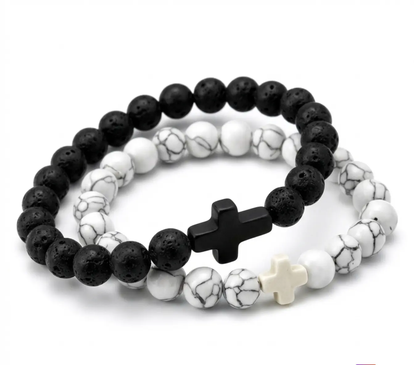 Grace&Glory Cross Beaded Bracelet for Men and Women, Christian Prayer Bracelet with Black/White Stone Beads, Faith-Based Jesus Jewelry, Easter Basket Stuffer Gift