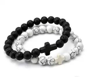 Grace&Glory Cross Beaded Bracelet for Men and Women, Christian Prayer Bracelet with Black/White Stone Beads, Faith-Based Jesus Jewelry, Easter Basket Stuffer Gift