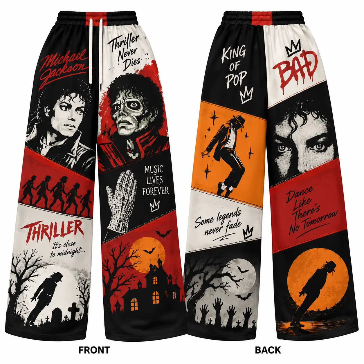 Retro M Jackson Thriller Spooky Halloween Sweatpants, King Of Pop Wide Leg Pants for Music Fans