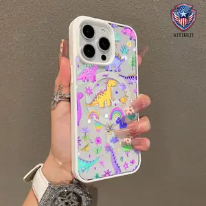 Cute Dinosaurs Pattern Premium Magnetic Phone Cases for iPhone 16 15 14 Pro Max 13 12 11 Plus Smartphone Shockproof Protection Acrylic Cover Cellphone Protective magsafe magnetic case Aesthetic Resistance Casing
