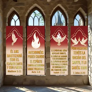 4 Pcs Religious Banners, Polyester Material Holy Spirit Dove Flame Scripture Print Church Banner Christian Prayer Gathering Living Room Wall Hanging Decoration for Religious Holiday Faith Home Decor