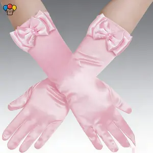 HER-Girls Princess Gloves White Long Satin with Diamond Bow Tie Gloves for Birthday Wedding Halloween Cosplay Party Fancy Dress Accessories