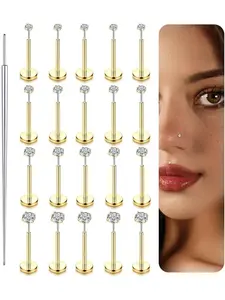 14K Gold Nose Studs For Women 316L Steel Threadless Nose Ring Lip Studs Push In Flat Back Stud Earrings Cz Nose Nostril Tragus Helix Body Piercing Jewelry Silver Gold 20G 18G