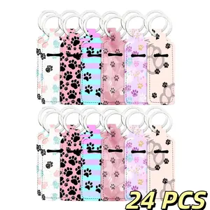 24pcs, Colorful Dog Paw Print Pattern Neoprene Lip Balm Clip Keychain Lipstick Cover And Lipstick Cover Clip Knitted Elastic Lipstick Clip Keychain, Christmas Halloween Thanksgiving Gift