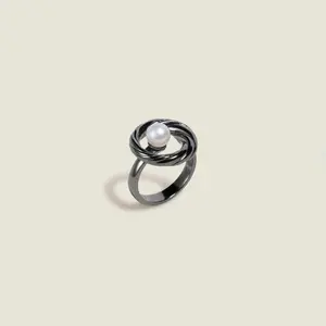 Black Silver Floating Pearl Ring