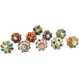 DORPMARKET Set of 10  Color Multi Designed Ceramic Cupboard Cabinet Door Knobs Drawer Pulls & Chrome Hardware