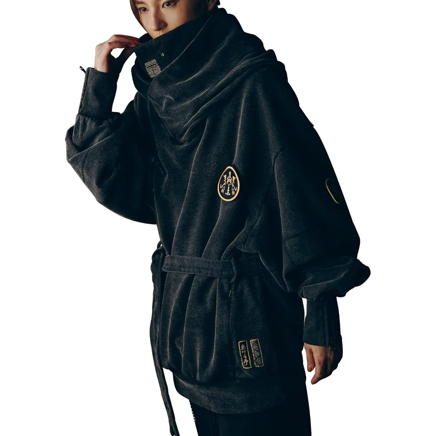 XYXIONGMAO Men's Oversized Techwear Pullover Hoodie - Aesthetic Loose-Fit Cyberpunk Longsleeves Top with Japanese Kanji Graphic, Menswear Streetwear Essential, Tops