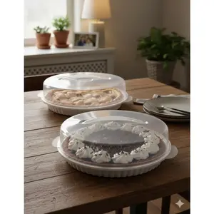 2-Pack Plastic Pie Carriers with Lids - Clear Dome with White Fluted Base – Fits 10” Pies – Freezer Safe, Slide Lock, Built-in Handle – Pie Storage & Transport Set