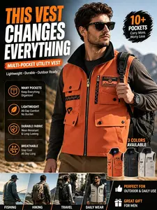 Men's Functional Style Multi-Pocket Work Vest Gilet Stand Collar Outdoor Sleeveless Tank Top Fishing Hiking Commute Versatile Jacket