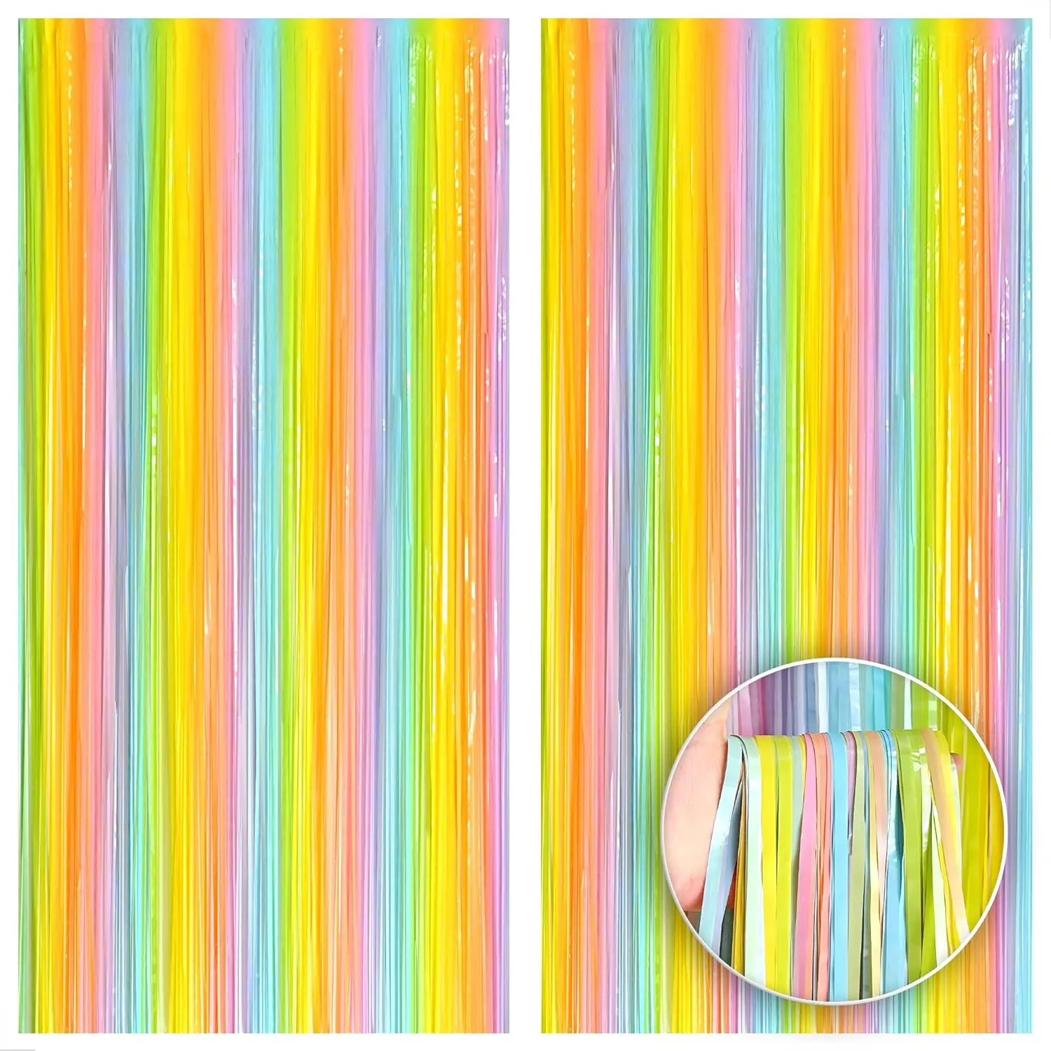 , Pastel Rainbow Backdrop - XtraLarge, 3.2x8 , Pack of 2 | Pastel Fringe Curtain Backdrop | Rainbow Foil Curtain, Pride Decorations | Rainbow Decorations | Pride Month Decorations