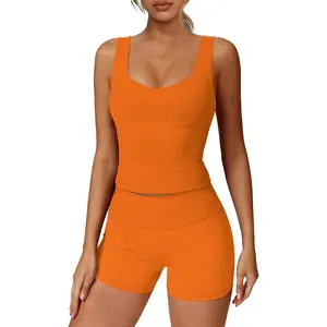 Workout Sets for Women 2 Piece U Neck Crop Tank Top High Waisted Shorts Athletic Gym Yoga Outfits Activewear