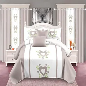 9 Piece Embroidered Bed Cover Curtain Set, Embroidery Bedspread Set with bedspread, Pillowcases, print curtains  &  solid curtains-in light pink