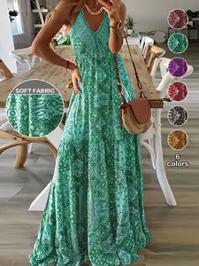Plus Size Women's Solid Color V-Neck Sleeveless Spaghetti Strap Long Dress, High Waist Belted Skirt, Casual Vacation Daily Wear, Boho Bohemian Style, 6 Colors Available, Bohemian Boho