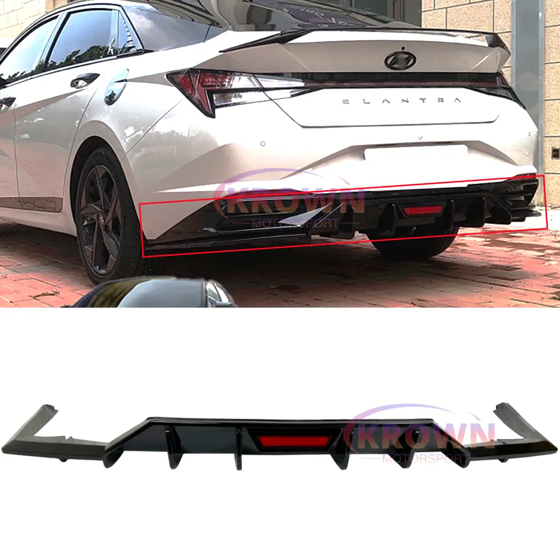 FITS 2021-2026 HYUNDAI ELANTRA GLOSSY BLACK SHARK FIN REAR DIFFUSER W/ LED BRAKE LIGHT & SIDE SPLITTERS