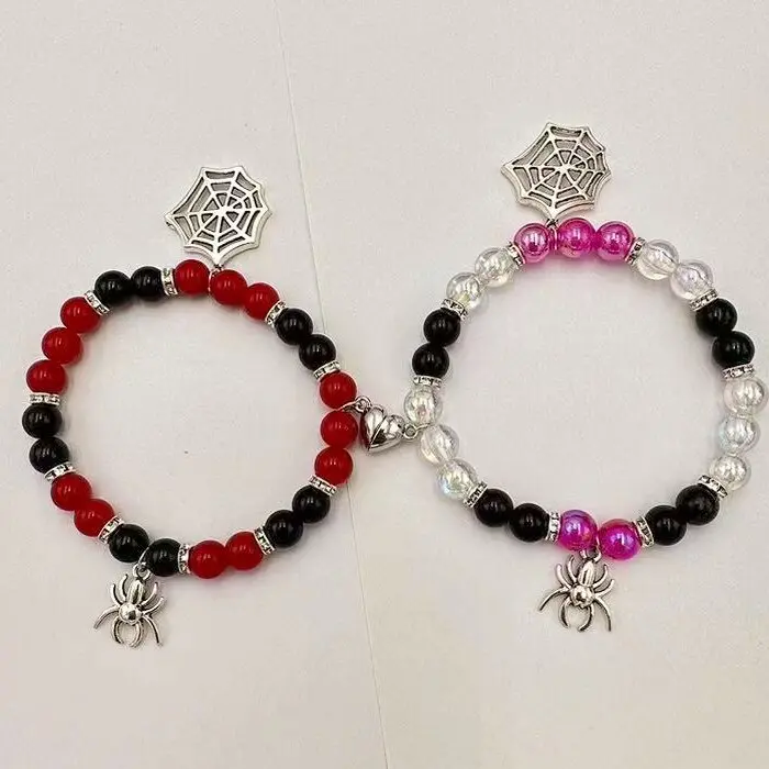 Matching BF and GF Spider Stretch Bracelet Set with Heart Charm & Artificial Gemstone, Men's Accessories, Women's Accessories - Long Distance Love Gifts for Boyfriend, Couple Bracelets for Anniversary Presents