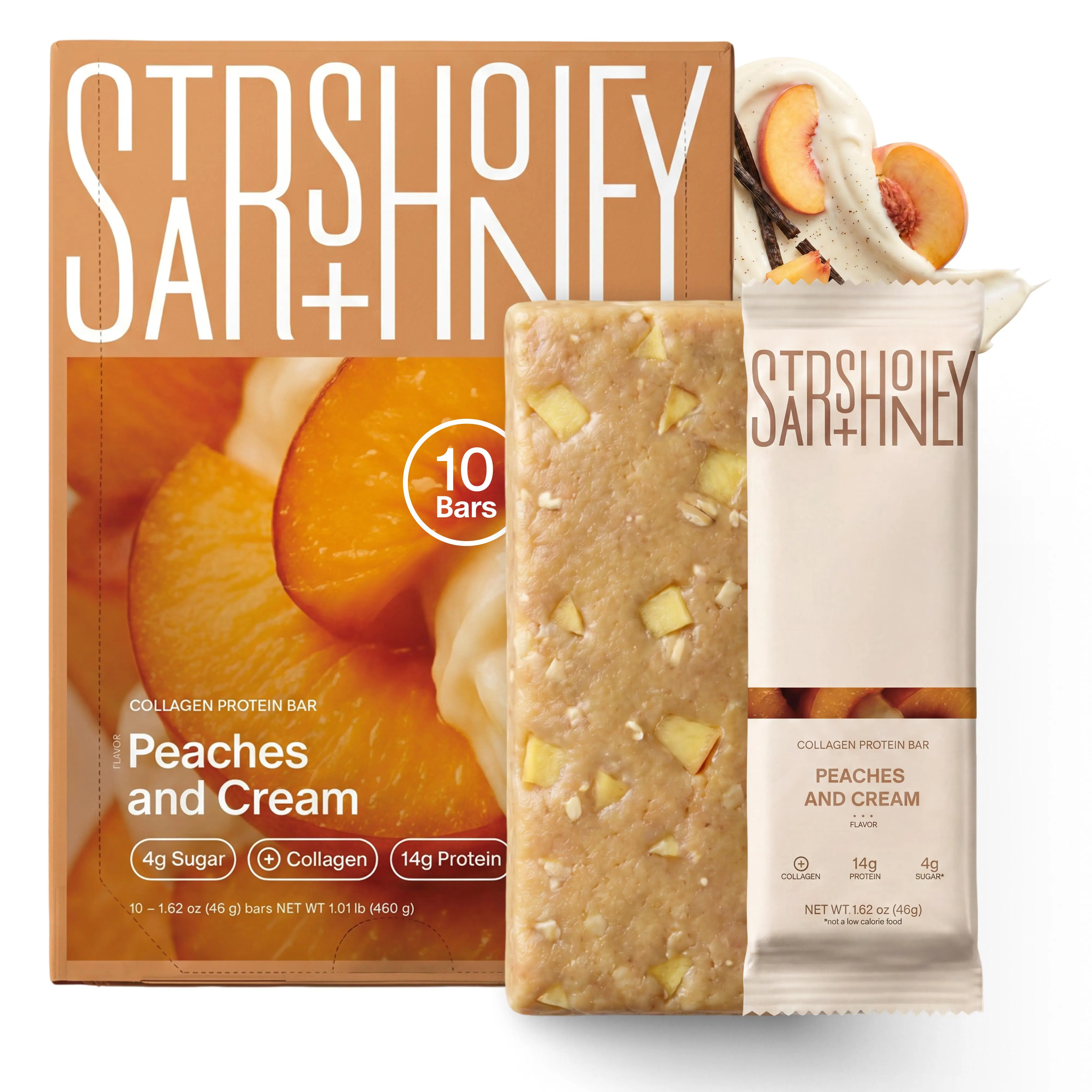 Stars + Honey | The Protein Bar – Peaches and Cream, All natural ingredients with added collagen, Gluten Free, Dairy Free, Soy Free, No Seed Oils, and No Sugar Alcohols.