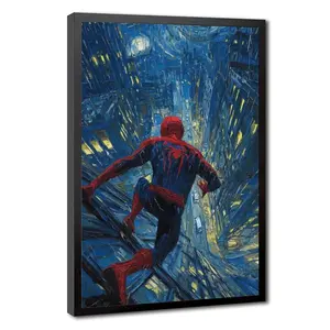 Spider Starry Night Van Gogh Style Canvas Wall Art, Eco-Friendly Material Superhero Poster, Black Framed / Canvas Wrapped / Unframed,  Impressionism Room Decor Art Gift
