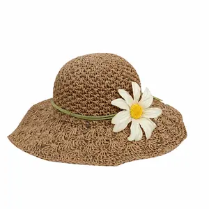 Original Design Floral Decor Paper Straw Wide Brim Sun Hat for Women, Hollow Woven Breathable Summer Cap, Retro Yellow Flower Ornament Fashion Head Cover for Daily Outings & Outdoor Trips, Lightweight Versatile Ladies Beach Accessory