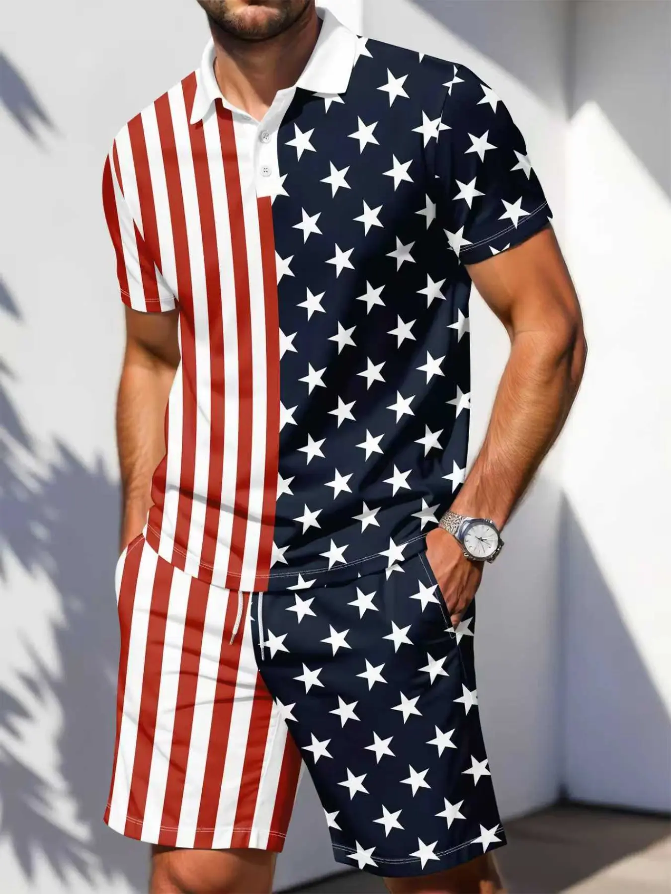 Men's Patriotic Festive 2-Piece Matching Outfit, American Flag Star & Stripe Print Breathable Polo Shirt and Shorts Set, Casual Summer 4th of July Streetwear Matching Sets Clothing Sets