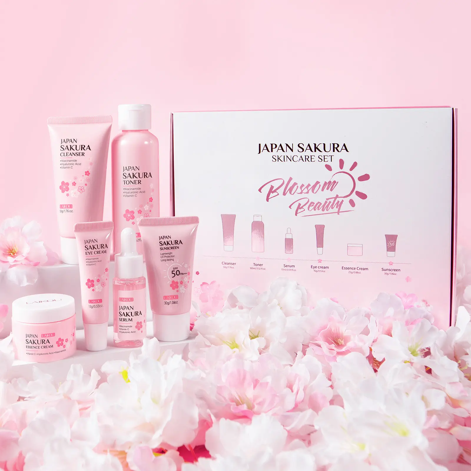 Sakura Essence Cherry Blossom Skincare Set, Includes Cleanser, Toner, Serum, Eye Cream, Moisturizer, Sunscreen, Brightening, Radiant, Soothing, Hydrate & Hydrating Daily Care Gift Box, Beauty Set, Moisturizing, Niacinamide, Skin Care Kits