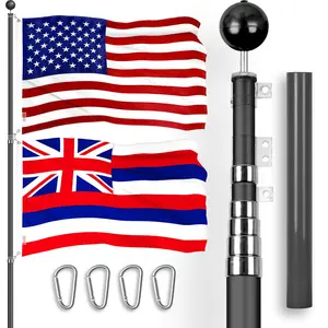 G128 Combo Pack: 20 Ft Telescoping Aluminum Flagpole (Black) & American and Hawaii Flags 3x5 Ft, Both ToughWeave Series Embroidered Polyester | Pole with Flags Included
