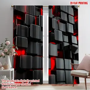 2-Piece 2D flat print gradual change abstract pattern curtains, red and black decorative design - suitable for bedroom, study, living room, balcony, office, size 29.53X65.35 inches, 41.34X90.55 inches, 51.18X82.68 inches, Home Decoration Curtain