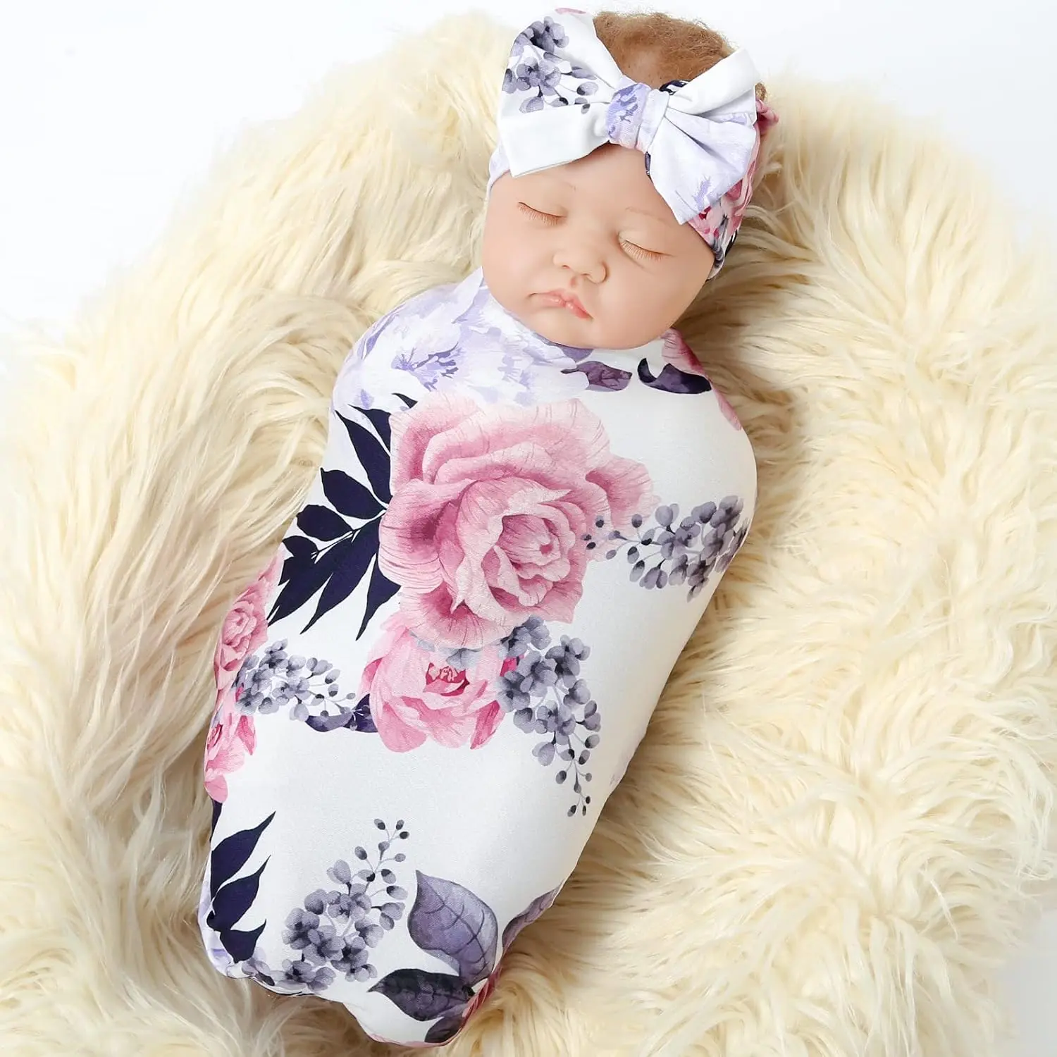KF5-HB28  Newborn Receiving Blanket Headband Set Baby Flower Swaddle