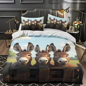 2/3Pcs Comfortable Three Donkeys See The World Quilt Cover Set With High-Definition Digital Printing, Suitable For All Year Round! Clearance Sale Perfect Gift 100% Polyester Fiber Machine Washable (1 Duvet Cover +1/2 Pillowcase, No Filling)