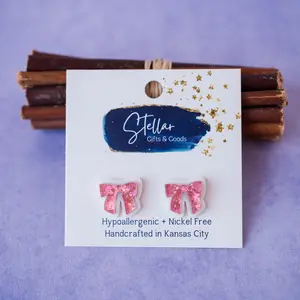 Pink Hex Glitter Bow Studs