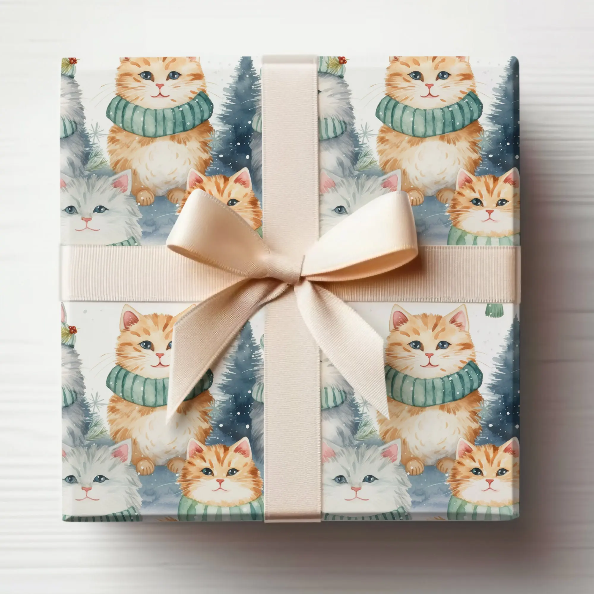 Watercolor Cats Gift Wrap Cats, Winter Cats Wrapping Paper Roll Cute Winter Kittens Wrapping Paper, Kittens Gift Wrap Roll