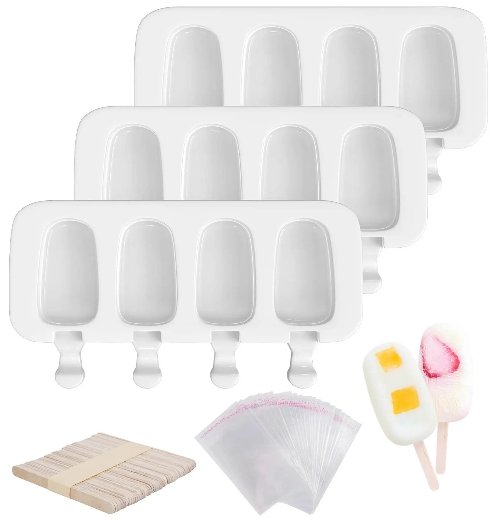 Silicone Popsicle Molds Set – 3 Pack (12 Cavities Total) Oval Ice Cream Mold Maker with 100 Wooden Sticks & 100 Self-Adhesive Bags for DIY Homemade Popsicles, Cake Pops & Frozen Treats