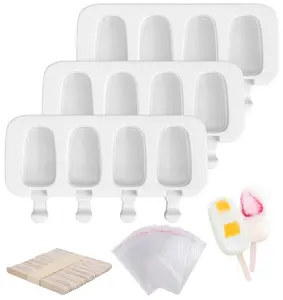 Silicone Popsicle Molds Set – 3 Pack (12 Cavities Total) Oval Ice Cream Mold Maker with 100 Wooden Sticks & 100 Self-Adhesive Bags for DIY Homemade Popsicles, Cake Pops & Frozen Treats