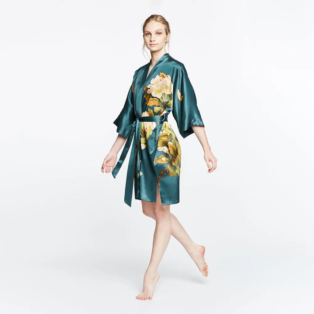 Washable Silk Peony & Butterfly Short Kimono Robe