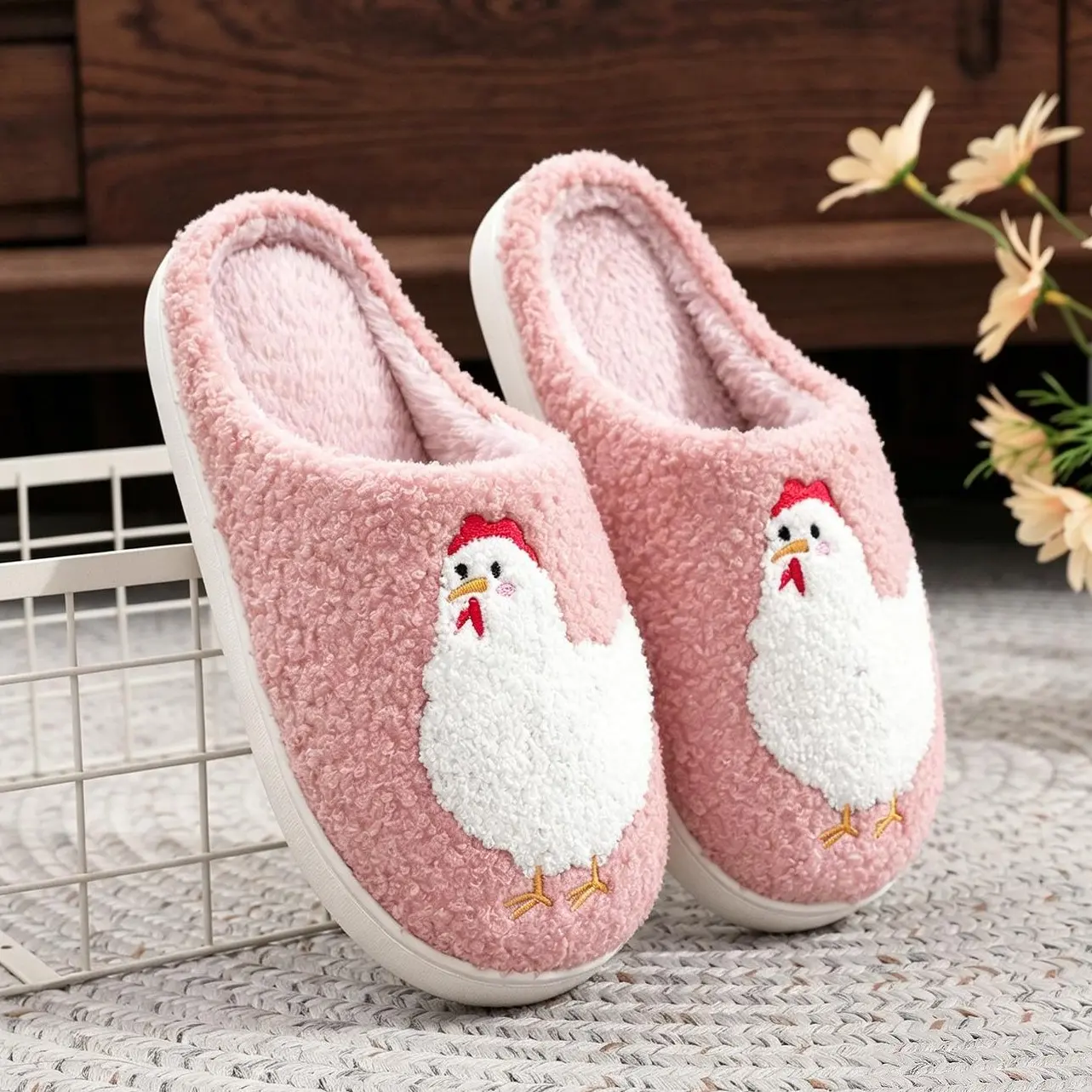 Women's Cartoon Chicken Pattern Plush Fur Slides Slippers - Round Toe, Embroidered, Warm, Cold-Proof, Soft, Thick, Modest - TPR Sole for Home Indoor, Party Use - Autumn Winter Couple Slippers, Slippers For Women