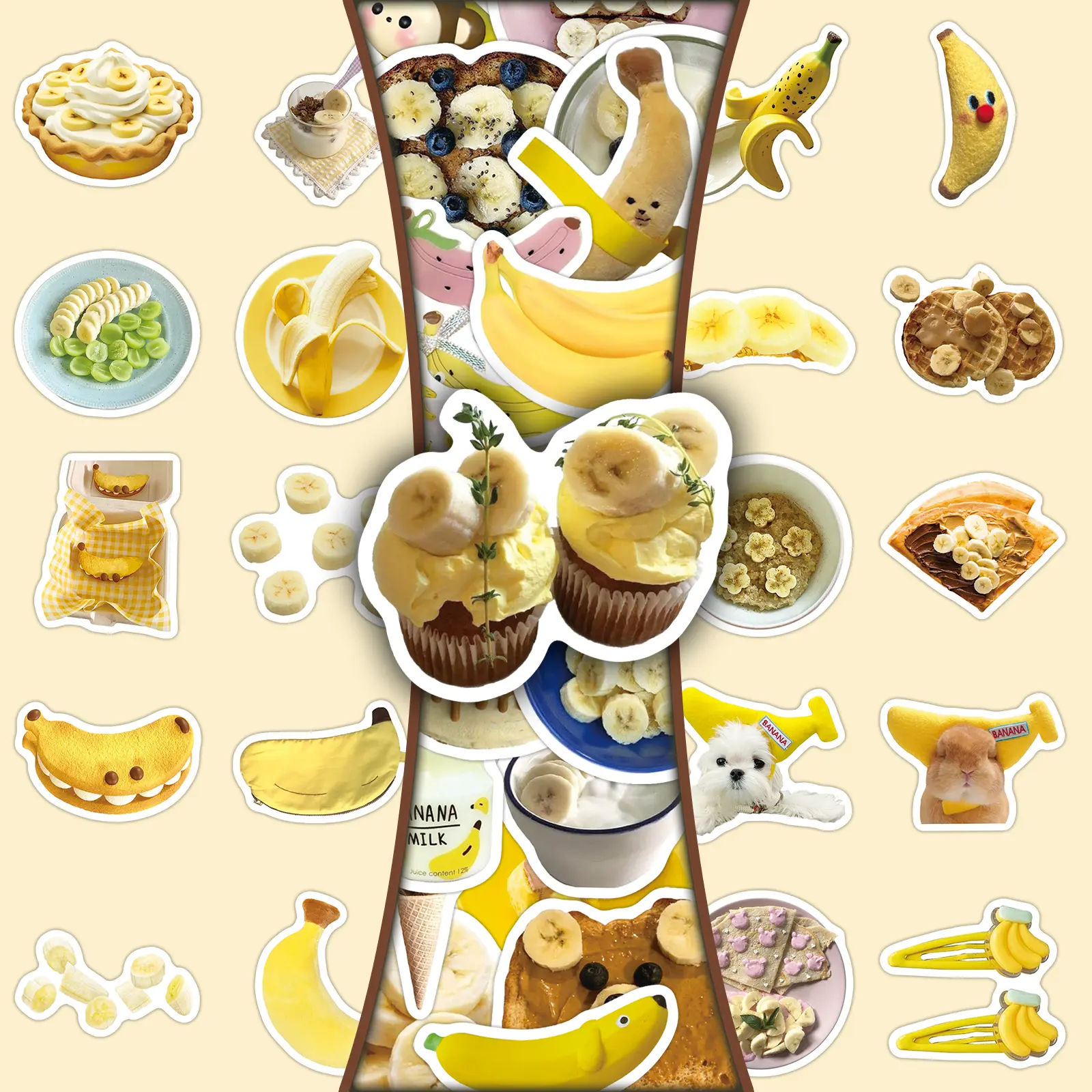 100 Pcs Kawaii Banana Fruit Stickers, 2 Repeating Sets, Cute Cartoon Aesthetic Decals for Journaling, Planners, Scrapbooking, DIY Decoration for Laptops, Water Bottles