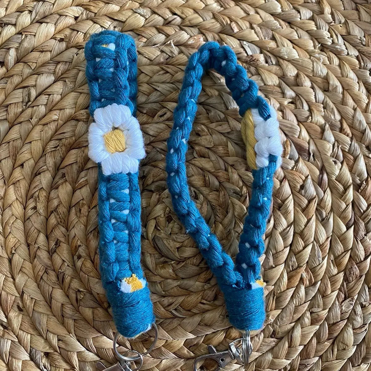 Handmade Macrame 6 Inch Wristlet with Blue Cord and Yellow Flower Detail