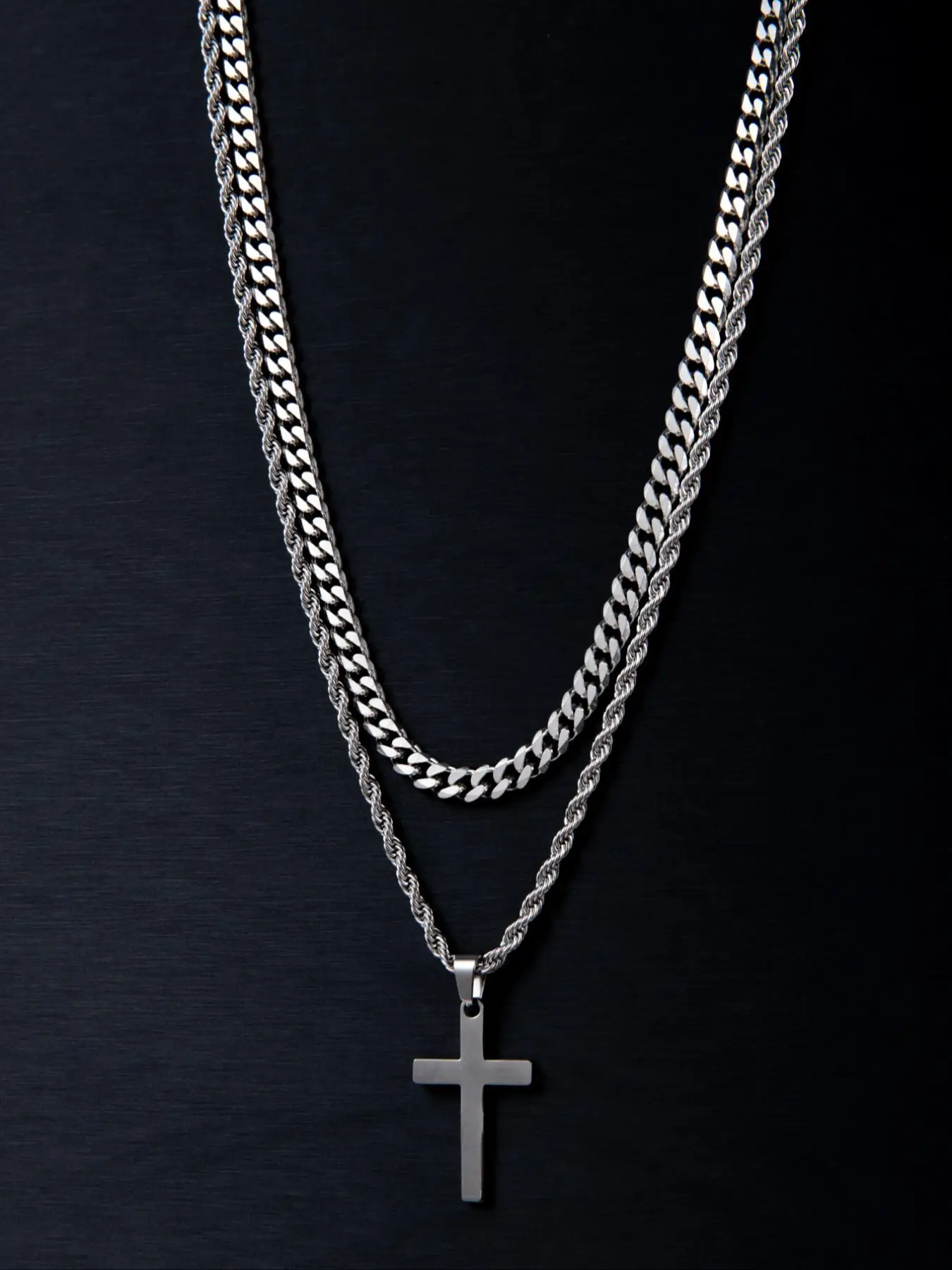 Summer Punk Twist Design Cross Decor Pendant Necklace, Chunky Chain Necklace & Chain Necklace with Cross Pendant, Fashion Stainless Steel Jewelry for