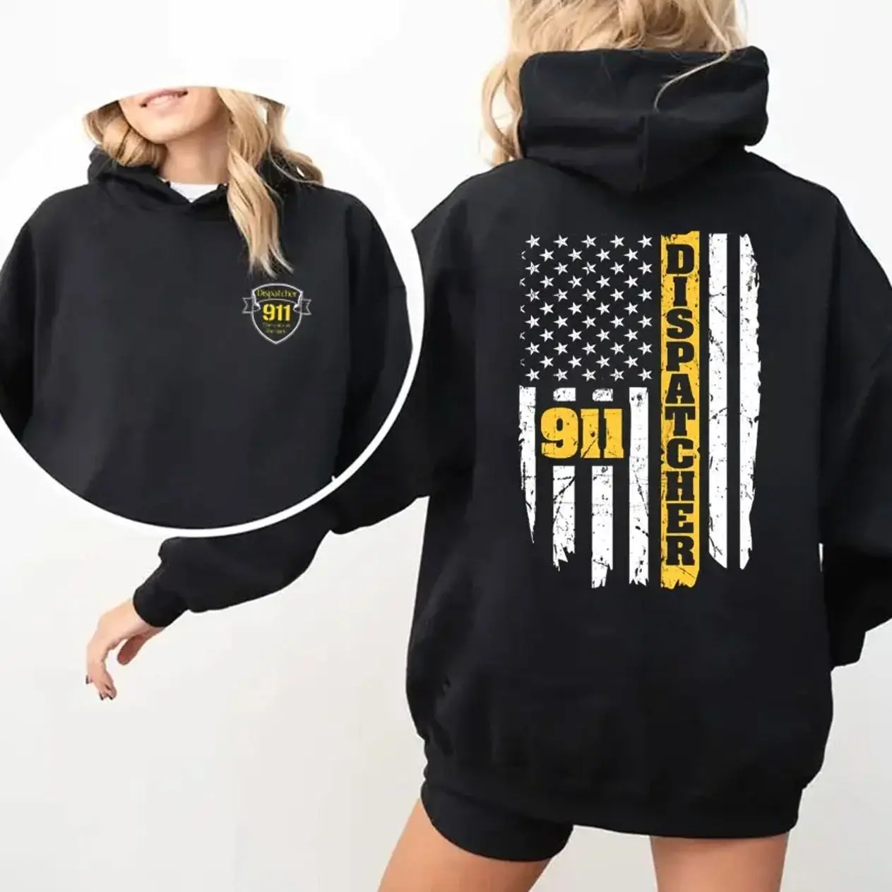911 Dispatcher Hoodie/T-shirt/Sweatshirt, 911 Dispatcher The Voice In The Dark Patriotic Flag Graphic Pullover Hoodie, First Responder Dispatcher American Flag Oversized Hoodie