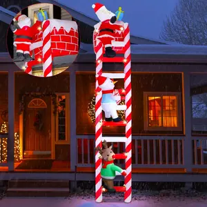 10FT Christmas Inflatable Decoration, Giant Lighted Ladder to Chimney Climbed with Reindeer Santa Snowman, Xmas Blowups with C7 String Lights for Winter Holiday Roofs Decor