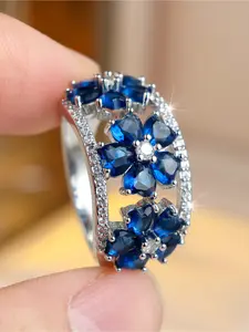 1pc Luxury Blue Synthetic Zirconia Floral Design Hollow White K Plated Copper Ring, Perfect for Mother's Day and Casual Attire, Suitable for All Seasons
