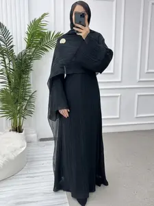 Muslim High-Quality Double Layer Fashion Women's Solid Color Long Robe, Casual Loose-Fitting Belted Design, Spring & Fall, Modest Muslim Outfits