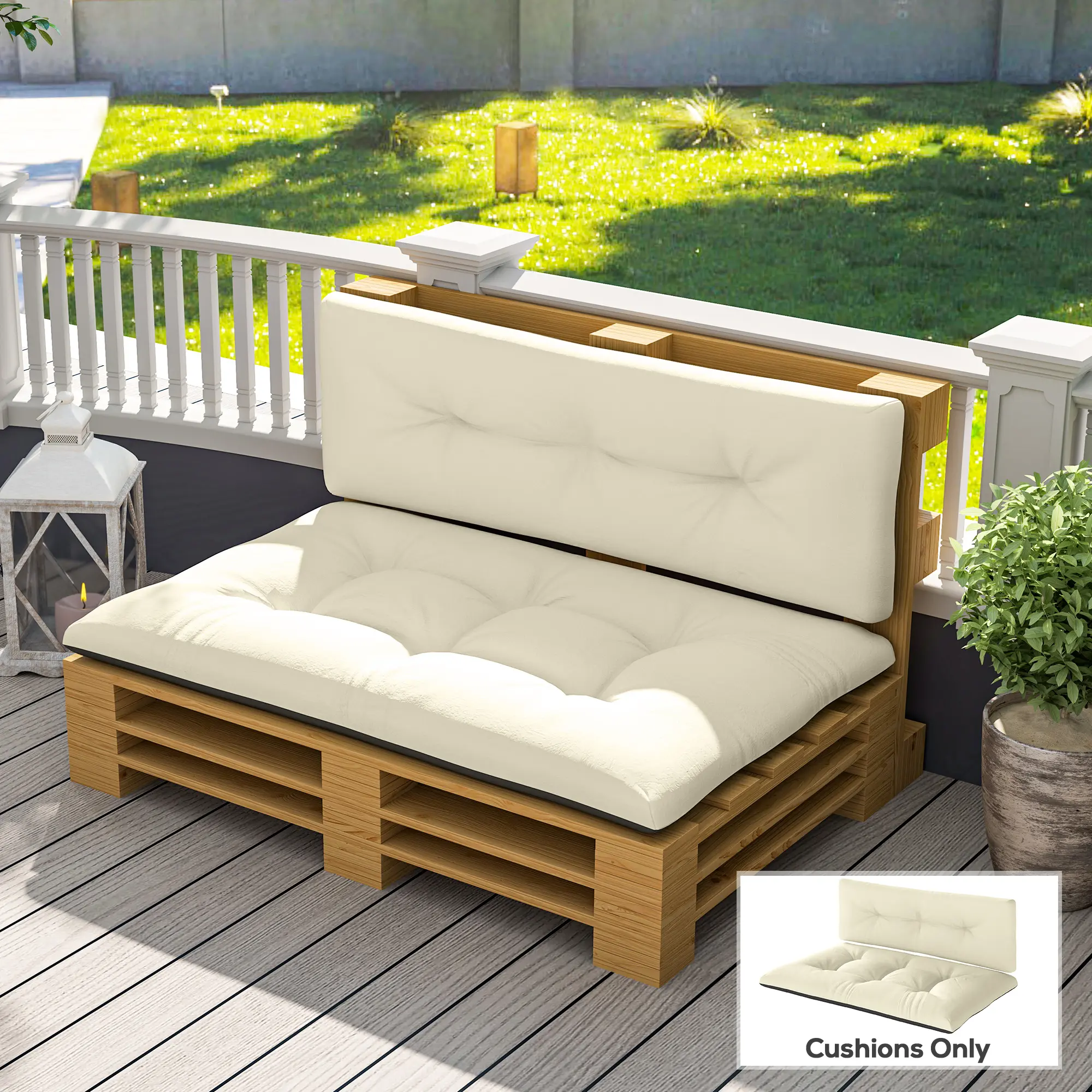 2 Seater Pallet Cushions Outdoor 3.9" Thick Replacement Cushions Tufted Design for Garden Patio Cream White All Seasons Comfortable & Durable