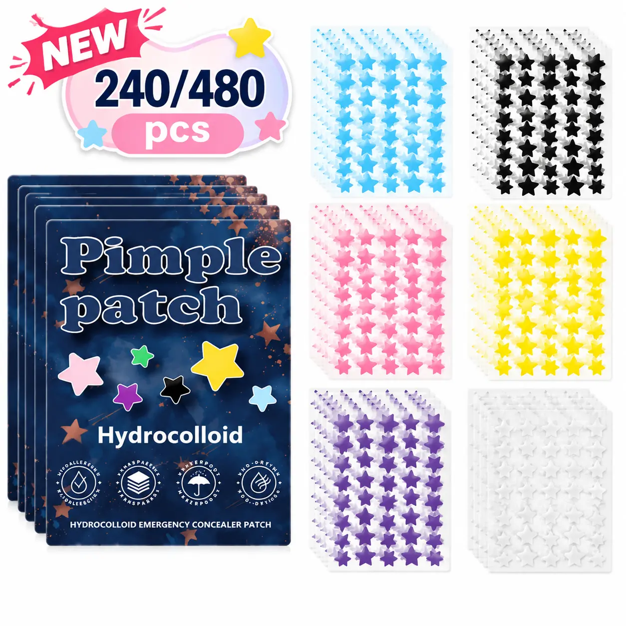 240/480 Pieces Facial Hydrocolloid Acne Patches, Acne Pimple Patch, Cute Star-Shaped Coverings, Acne Stickers,Acne Clearing Products, Alcohol-Free, Odorless, Gentle, Mild& Non-Irritating, Suitable for All Skin Types