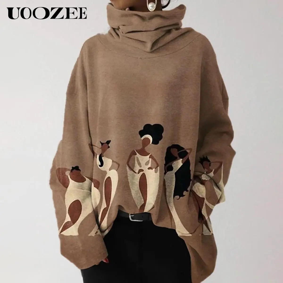 UOOZEE Women's Baggy Printed Mock Neck Long-Sleeve Pullover Hoodie Sweatshirt - Spandex-Polyester High-Stretch Fabric, Casual Hoodie Jacket for Autumn Winter Outfits