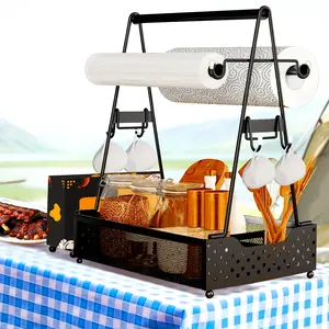 Large Grill Utensil Organizer with Four Hooks And Two Paper Towel Holders - Ideal for Camping, Picnics, And Outdoor Barbecues - BBQ Tools And Kitchen Storage Solutions