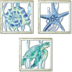 Putuo Decor Coastal Sea Turtle Starfish Shell Wall Decor Set of 3, Nautical Ocean Theme Bathroom Bedroom Living Room Decor, Rustic Beach-Style Coastal Artwork for Home