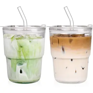 13oz Glass Tumbler with Straw and Lid,2 Pack Iced Coffee Cups with  ,Glass to go Coffee Cup,Glass Cups with  for Drinking Matcha, Coffee, and Juice.