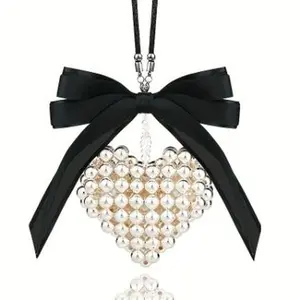 Original Designed Bow Pearl Heart Car Charm-Hand-Woven Car Accessories for Women, Rear View Mirror Hanging Pendant, Bling Car Hanging Accessories, Ideal for Mothers Day Gifts, Memorial Day Decorations, Cute Interior Car Charm faux pearl
